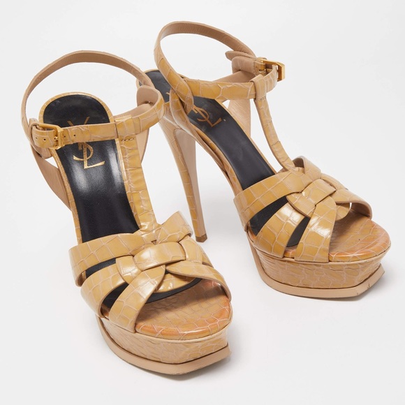 ❤️❤️ Saint Laurent Beige Croc Embossed Leather Tribute Ankle Strap Sandals❤️❤️ - Picture 3 of 5